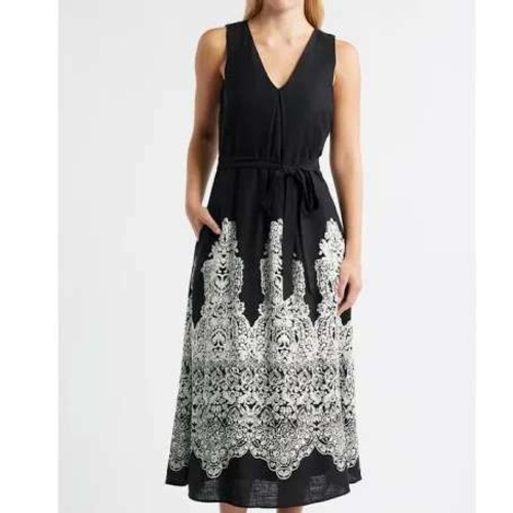 Halogen Womens Black Linen Blend Damask Paisley Print V-Neck Midi Dress Size M‎